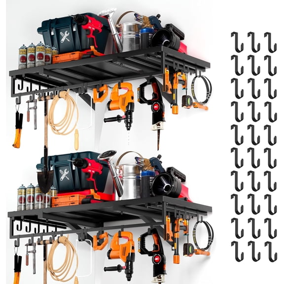 2pcs Garage Wall Shelving - 42in Extra Large Heavy Duty Floating Shelves with 30 Hooks, Load Capacity 1102 Lbs, Hanging Garage Storage Rack, Tool Hanger Organizer Utility Rack, For Home, Workshop