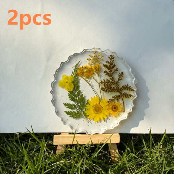 2pcs Garden Art Flower Coaster, Transparent Minimalist Daisy Dried Flower Resin Insulated Coaster, Drop Resistant & Easy to Clean, Elegant Minimalist Fresh Blue Red Yellow, Perfect Tea Cup Decoration