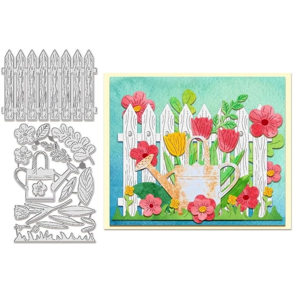 2pcs Garden Fence Cutting Dies Flower Watering Can Embossing Stencils Die Cuts for Paper Card Making Decoration DIY Scrapbooking Album Craft Decor