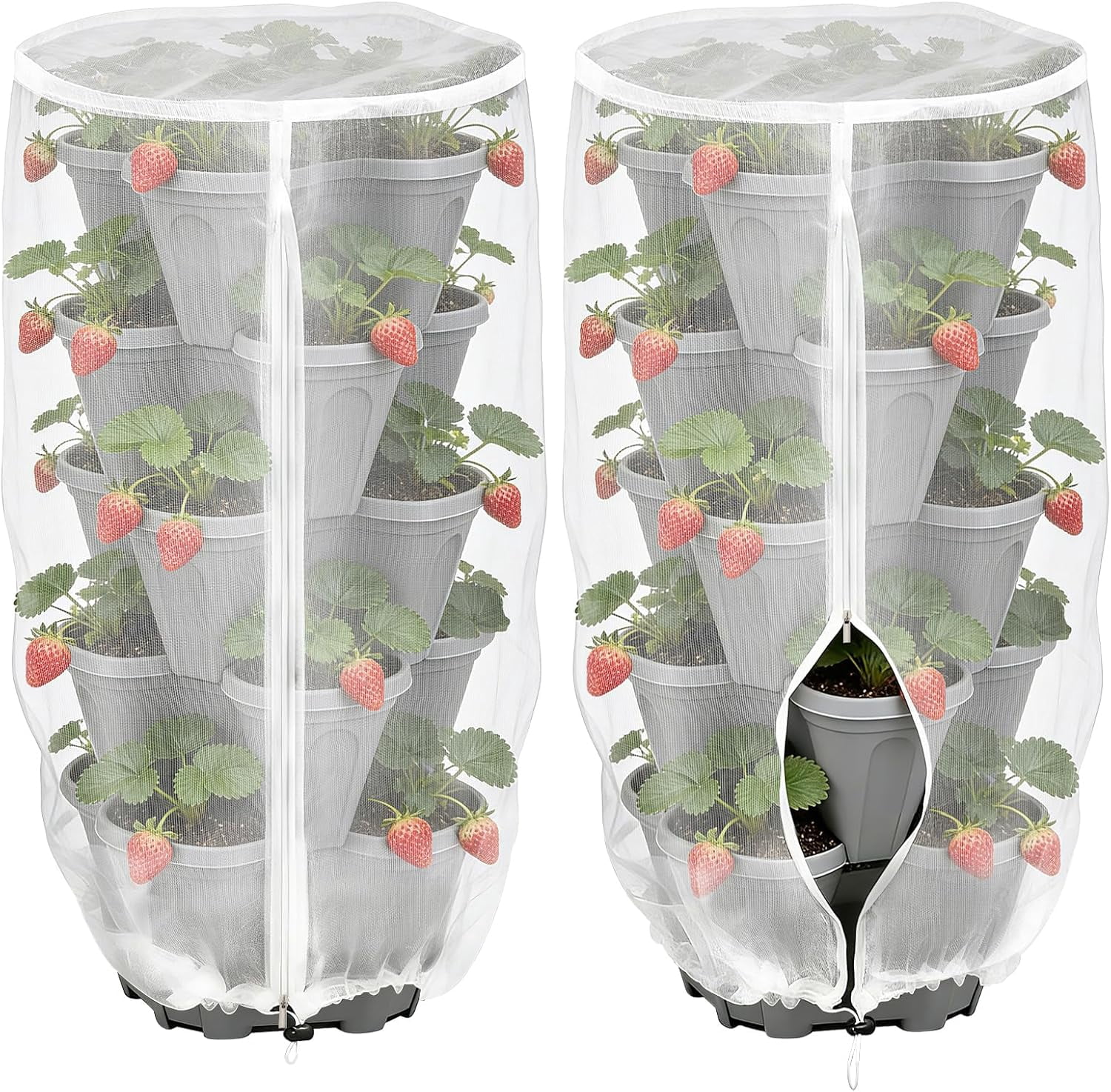 2pcs Garden Netting for Vertical Strawberry Planter - 40''H x 24''Dia Bird Netting with Zipper, Plant Covers for 5-Tier Stackable Planters Outdoor