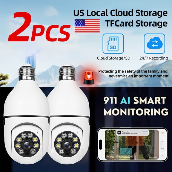 2pcs General 2K Quad HD Smart Bulb Camera with AI Motion Detection & Night Vision 911 Alarm Monitoring Two-Way Audio Home Security Camera Easy Install Via 2.4G/5G WIFI