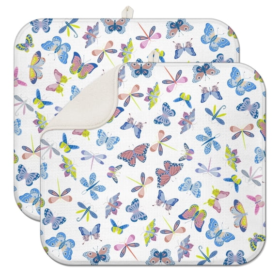 2pcs Geometric Butterfly Dish Drying Mat Absorbent Kitchen Pad Modern Butterfly Print Heat Resistant Foldable Dish Mat