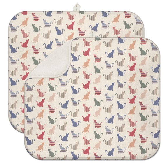 2pcs Geometric Cat Pattern Drying Mat - Super Absorbent Microfiber Countertop Pad, Artistic Cat Print, Quick Dry & Compact, Cat-Themed Home Decor