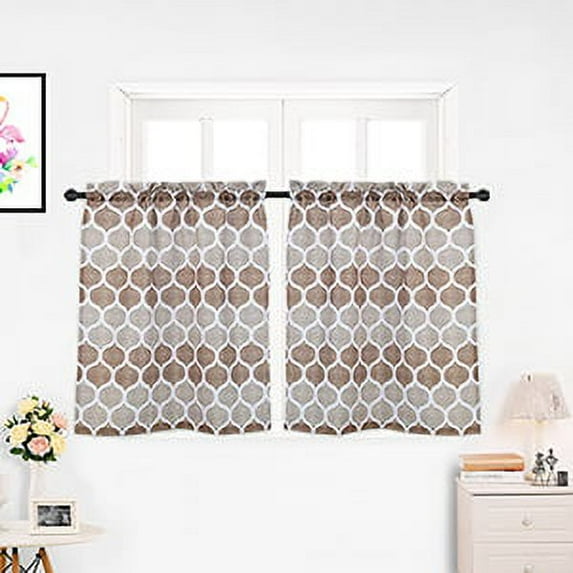 2pcs Geometric Printing 100% Polyester Kitchen Tiers Rod Pocket Small Window Curtains Set for Bedroom/Living Room