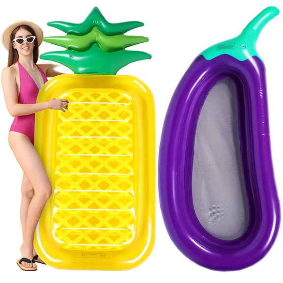 2pcs Giant Pool Floats Large Fruit Food Float Inflatable Pineapple Eggplant Watermelon Ice Lolly Cupcake Pizza Hot Dog Raft Summer Beach Swimming Pool(Pineapple, Eggplant)