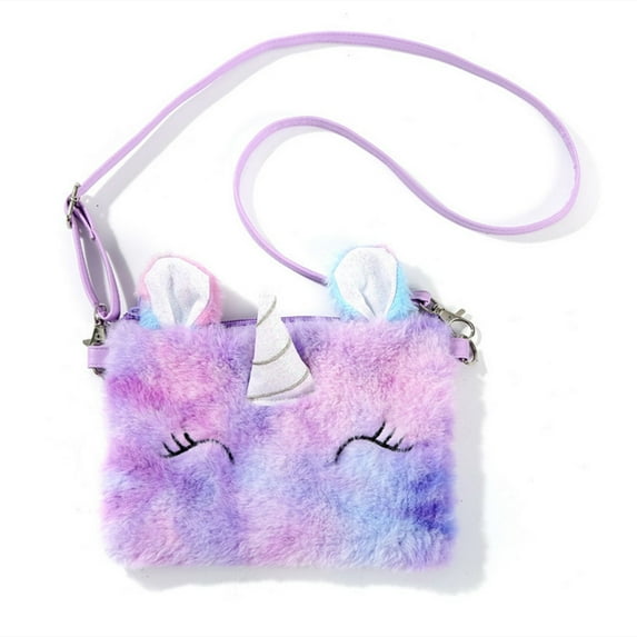 2pcs Girls Cartoon Plush Purses Handbags Unicorn Coin Wallet Change Purse Shoulder Bag (Purple+colorful)