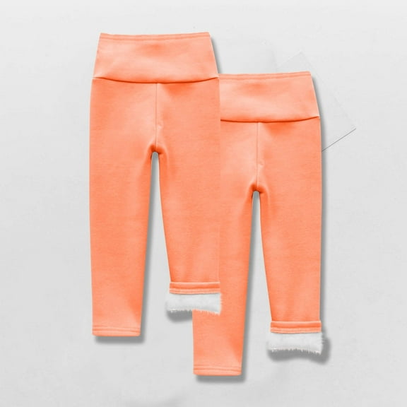 2pcs Girls Fleece Leggings Youth High Waist Warm Winter Athletic Yoga Pants with Pocket Orange 5 Years