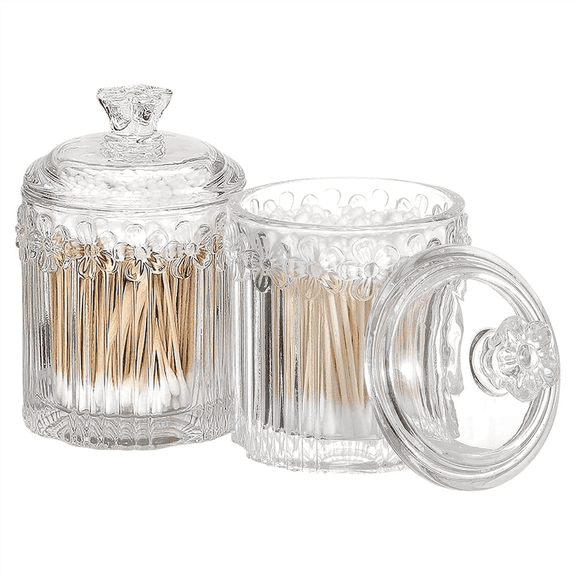 2pcs Glass Cute Jars with Lid Candy Jar Bathroom Canister Makeup Storage Organizer for Cotton Swabs, Balls (Clear),2 * Glass Cute Jars,As Shown