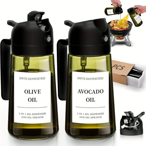 2pcs Glass Olive Oil Bottles, 2-In-1 Oil Drip And Sprayer Kitchen Gadgets, Dark Green Glass Shade to Prevent Oxidation, 16Oz/480Ml Seasoning Storage Bottle, Oil Sprayer And Oil Dispenser