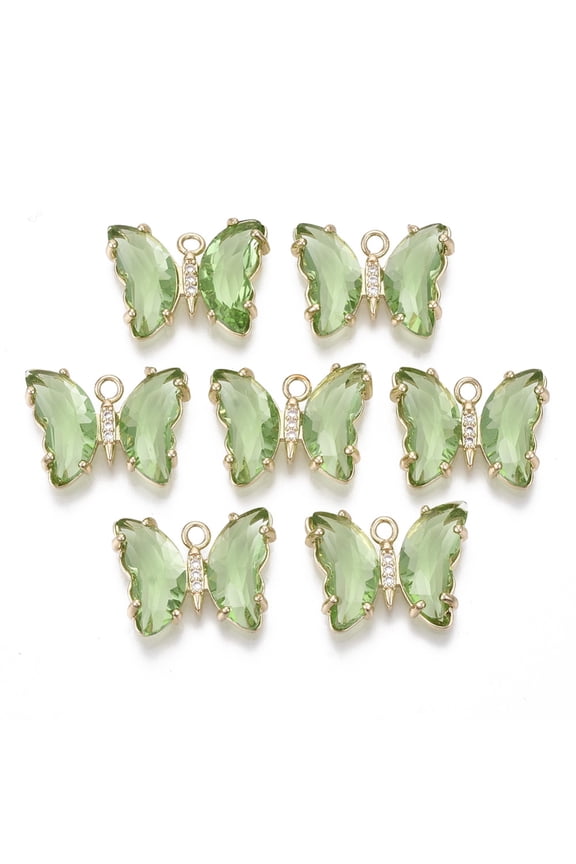 2pcs Glass Pendants with Micro Pave Cubic Zirconia and Brass Open Back Settings Faceted Butterfly Light golden Light Green 15.5x20x4mm Hole: 1.8mm