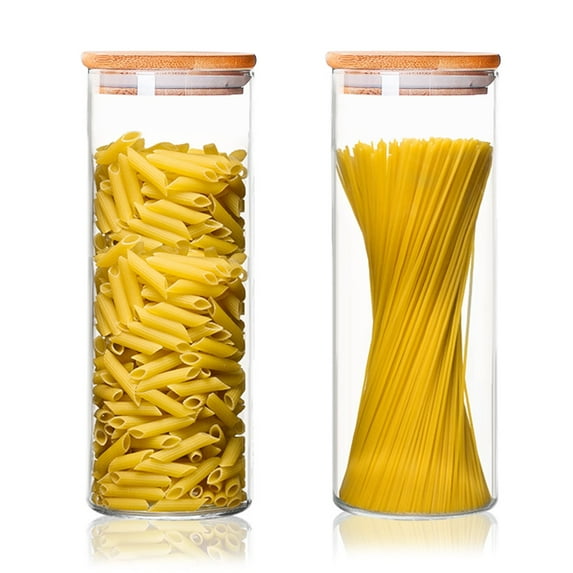 EWAFILU 2 Clear glass spaghetti pasta storage containers with bamboo lids, 71 oz each, 11.8 in tall