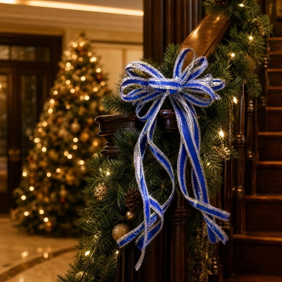 2pcs Glitter Christmas Bow Ornaments, Shiny Ribbon Bows with Long Tails for Tree Topper Wreath Gift Wrapping