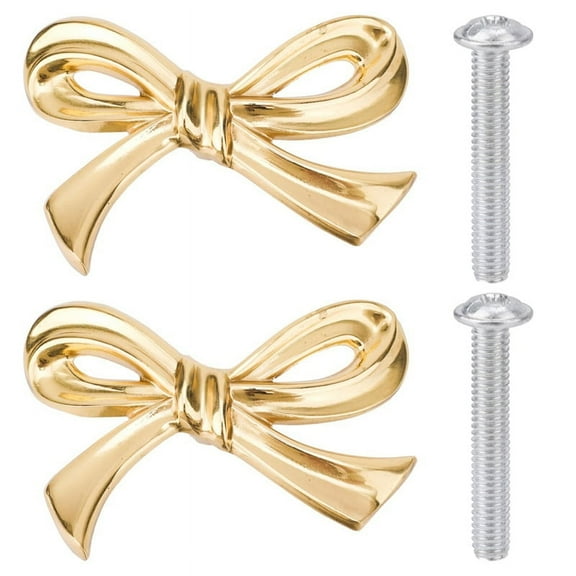 2pcs Gold Brass Bow Dresser Knobs, Vintage Shape Drawer Pull Handles for Cabinet, Wardrobe, Kitchen