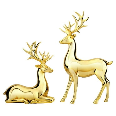2pcs Gold Christmas Reindeer Statue Small Resin Reindeer Figurine Tabletop Reindeer Christmas Decor Deer Figurine Decorations