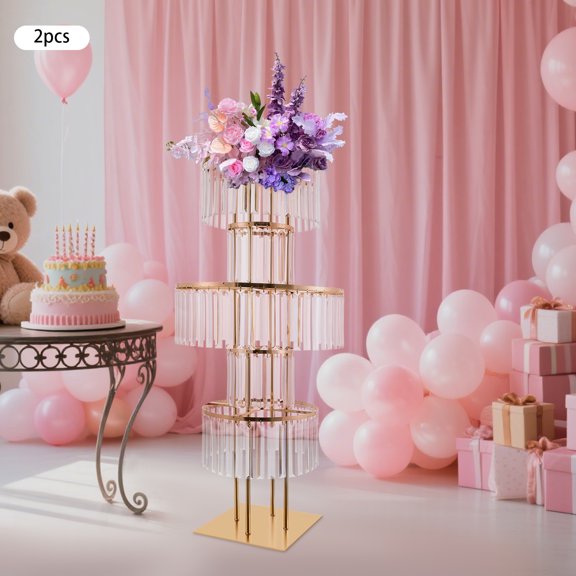 2pcs Gold Iron 5-Layer Crystal Flower Stand Square Bottom Ice Curtain Acrylic Decorative Flower Stand Wedding Display Rack