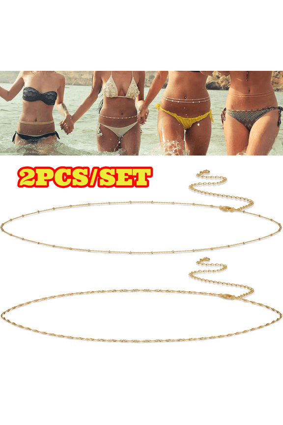 2pcs Gold Waist Chain, Adjustable Layered Belly Chain Body Chain Jewelry for Women, Sexy Bikini Beach Pearl Beaded Cuban Satellite Waist Chains
