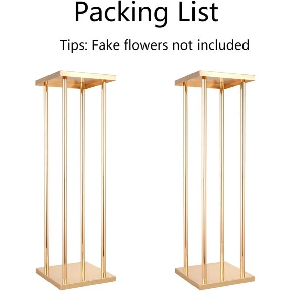 2pcs Gold Wedding Centerpieces Column Vases for Tables Geometric Metal Flower Stand , 23.6 Inch Tall Floor Vase Rectangle Flower Holder for Wedding Party Table Decorations