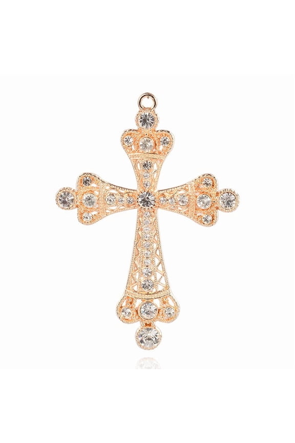 2pcs Golden Alloy Rhinestone Cross Big Pendants 101x71x7mm Hole: 4mm