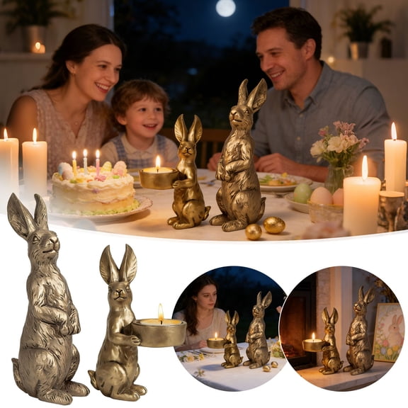 2pcs Golden Easter Bunny Figurines, Vintage Resin Home Decor, Elegant Table Centerpiece Ornament for Spring, Wedding, Party, Holiday, Mantel, Shelf Decor & Easter Gift for Family & Friends, A
