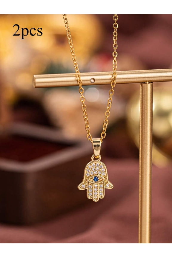 2pcs Goldtone Hamsa Hand Evil Eye Pendant Necklace With Cubic Zirconia And Blue Stone, One-Size
