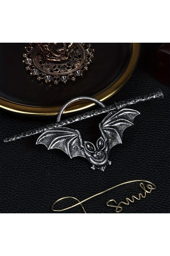 2pcs Gothic Bat Hair Cuff Pin Hair Sticks Ponytail Holder Silver 130x64mm