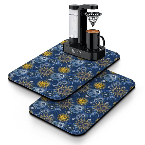 2pcs Gothic Black and Gold Moon Coffee Mat - 4-Layer Absorbent Non-Slip Drying Mat for Espresso Machine & Bar