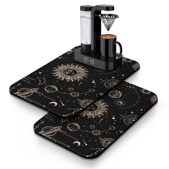 2pcs Gothic Black and Gold Moon Coffee Mat - 4-Layer Absorbent Non-Slip Drying Mat for Espresso Machine & Bar