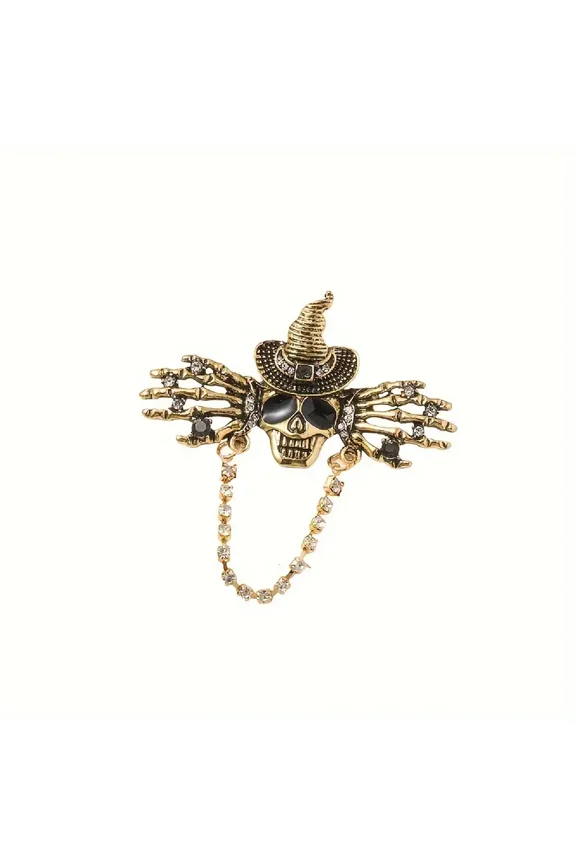 2pcs Gothic Vintage Skull Pirate Claw Tassel Brooch Unisex Halloween Rhinestone Chain Metal Badge Party Lapel Pins