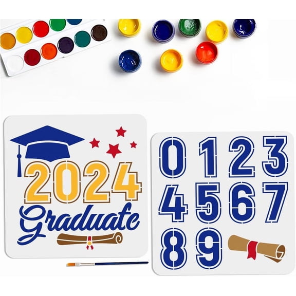 2pcs Graduates Stencils 11.811.8inch Large Graduation Theme Template with Painting Brush Graduation Cap Diploma 0~9 Number Drawing Stencil