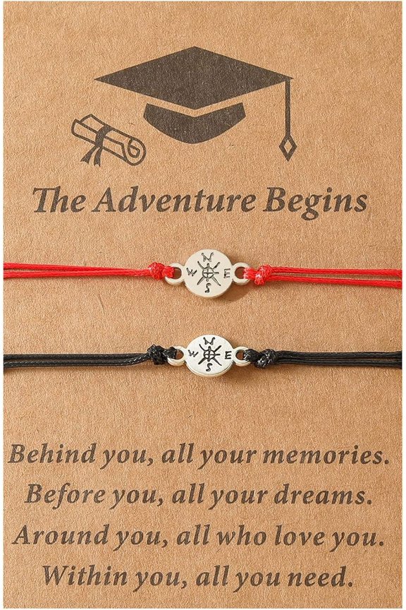 2pcs Graduation Compass Friendship Bracelets Set Matching Relationship Adjustable Cord Rope for Him Her Classmates Inspirational Going Places High School College Jewelry