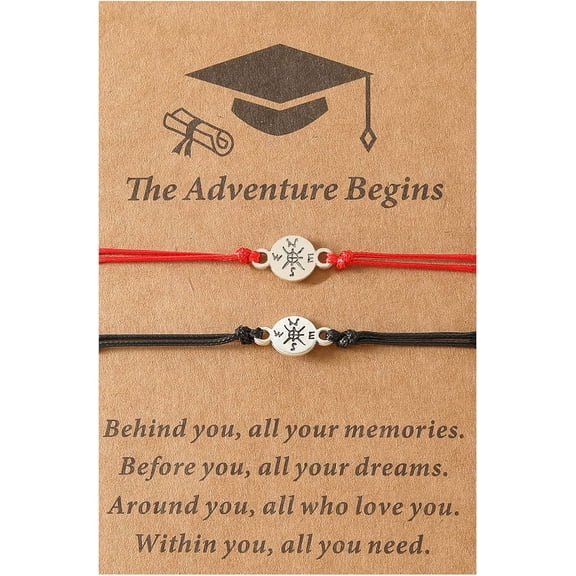 2pcs Graduation Compass Friendship Bracelets Set Matching Relationship Adjustable Cord Rope for Him Her Classmates Inspirational Going Places High School College Jewelry