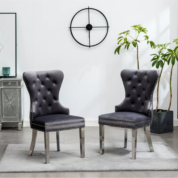 2pcs Gray Velvet Chairs With Solid Wood Frame And Nailhead Trim On Back 2 In Tufting - Trim, & Stainless Legs