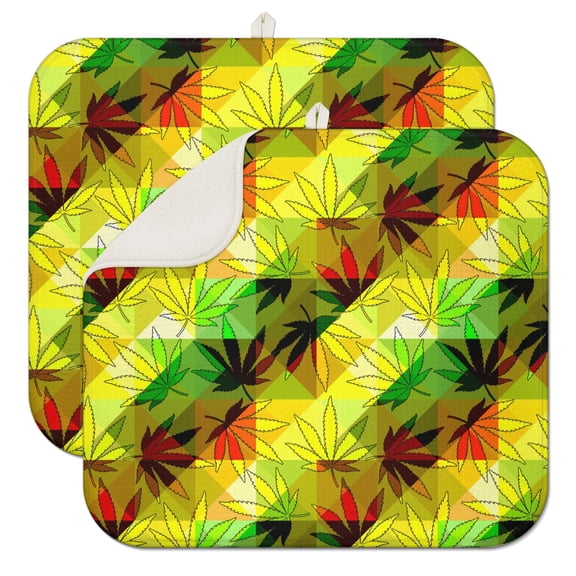 2pcs Grunge Hemp Leaf Dish Drying Mat, Foldable & Compact Sink Pad with Hanging Loop, Neon Marijuana Leaf Glow