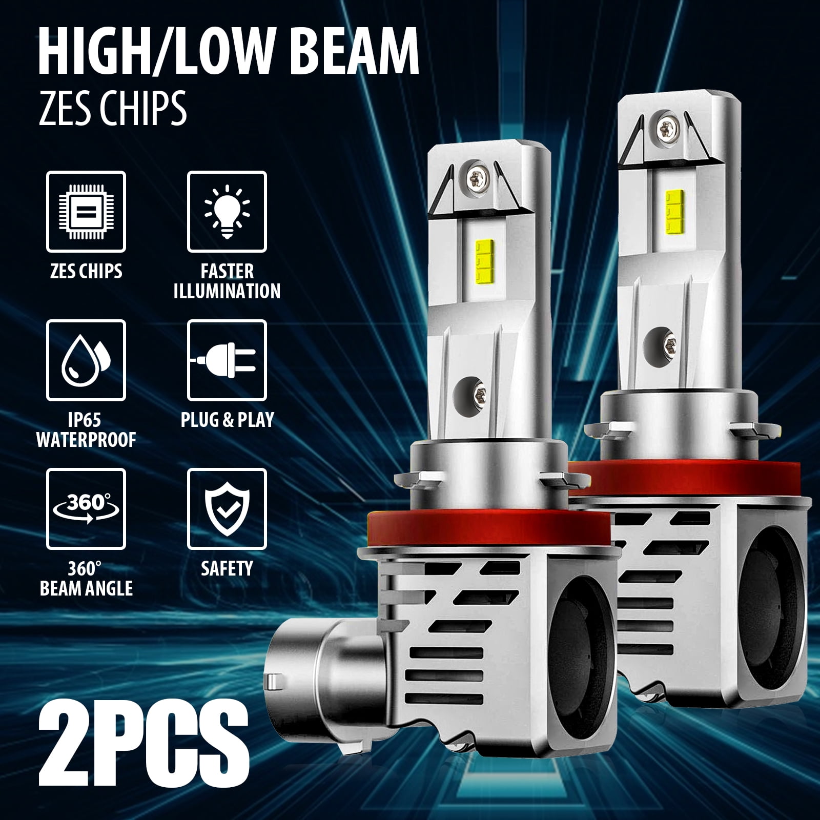 2pcs H11 H8 H9 LED Headlight Bulbs, EEEkit 28W 24000LM 6500K Cool White  200% Brighter Wireless Headlight LED Bulb, IP65 Waterproof, 360°Beam,  Built-in IC Driver and Fan Cooling 
