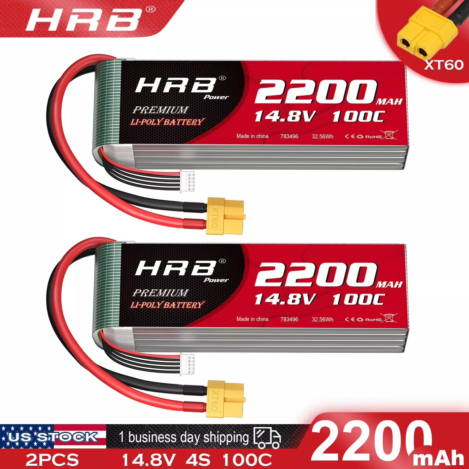 2pcs HRB 4S 14.8V 2200mAh XT60 LiPo Battery for RC Car Truck Racing ...
