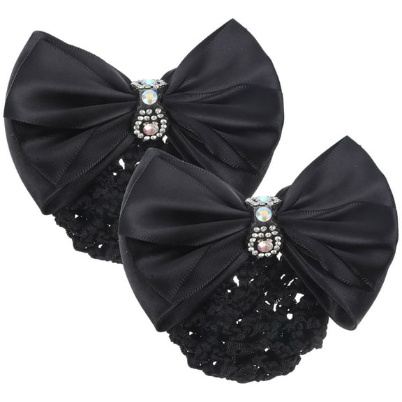 OUNONA 2-Pack Black Bow Hair Bun Covers with Metal Frame and Rhinestone Decoration for Women and Girls