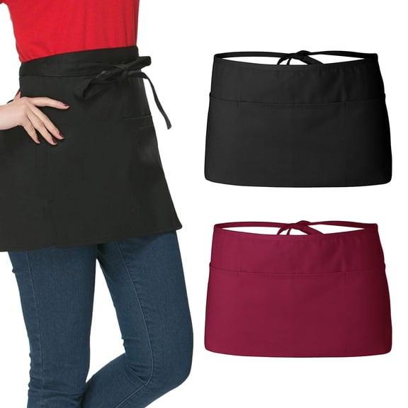 2pcs Half Bistro Server Apron Adjustable Belt Kitchen Apron Water Resistant Polyester Fabric With Large Utility Pocket