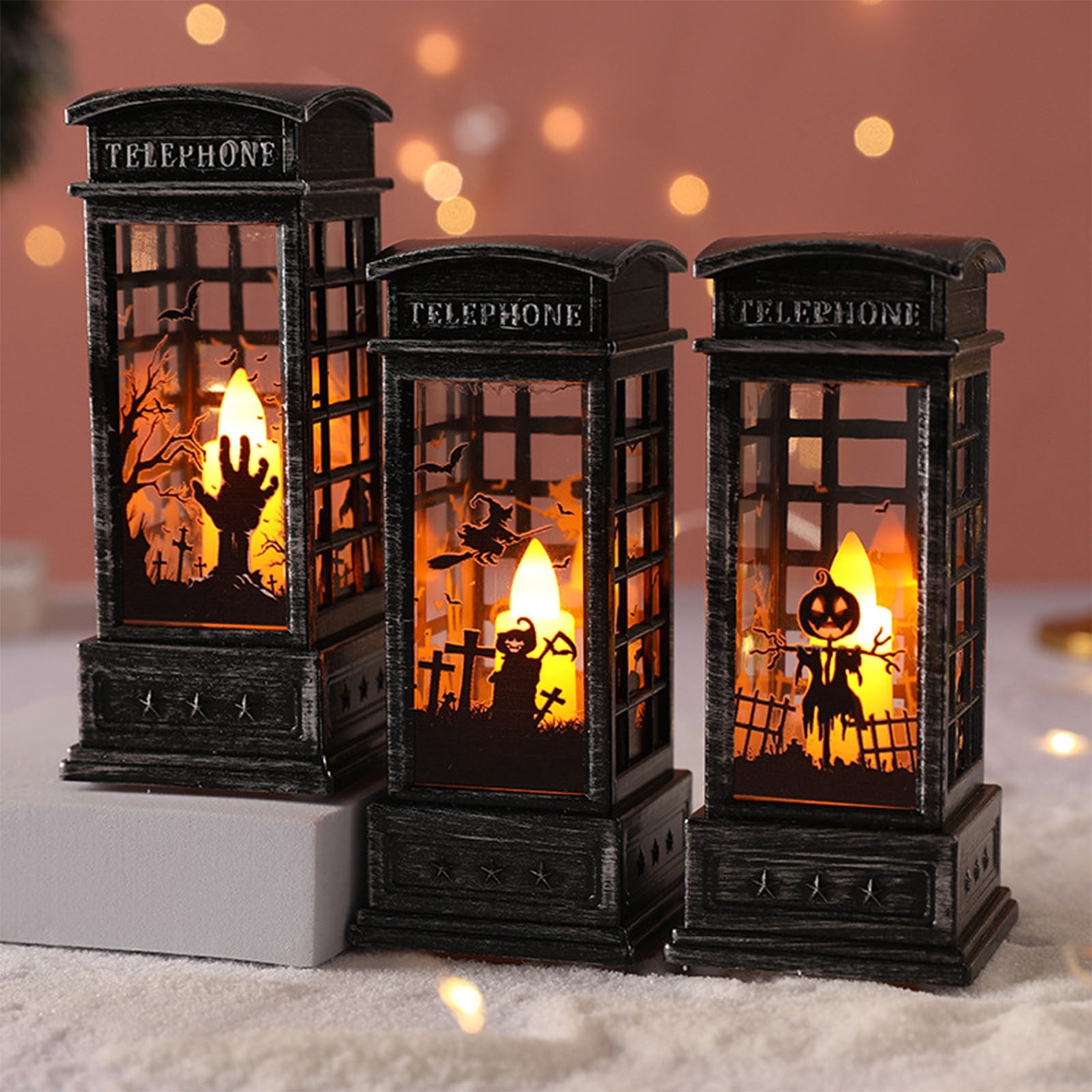 Halloween Lanterns Pumpkin Witch Decorations 2 Pack – Battery Operated Flickering LED Lights, Indoor Table Centerpiece Decor