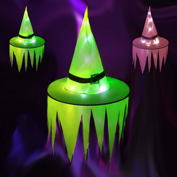 2pcs Halloween Decorations Lighted Witch Hats, Hanging Glowing Witch Hats Halloween Outdoor Lights for Outdoor, Garden, Yard, Tree