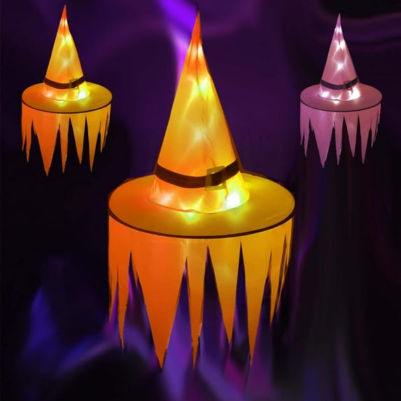 2pcs Halloween Decorations Lighted Witch Hats, Hanging Glowing Witch Hats Halloween Outdoor Lights for Outdoor, Garden, Yard, Tree