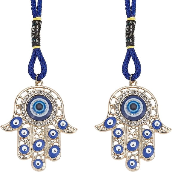 2pcs Hamsa Hand Amulet Pendant Hand of Miriam with Evil Eye Hanging Ornament Pendant Decorations Blue Lucky Protection Alloy Enamel Decor Accessories Gift for Car Rear View Mirror Balcony