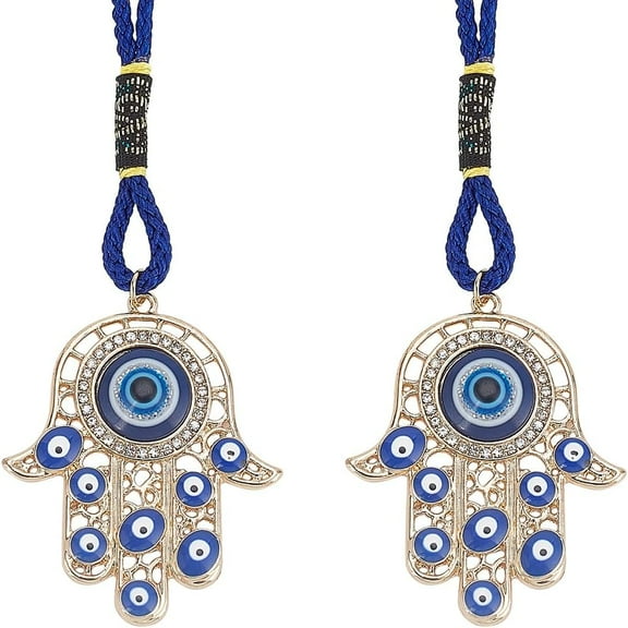 2pcs Hamsa Hand Amulet Pendant Hand of Miriam with Hanging Ornament Pendant Decorations Blue Lucky Protection Alloy Enamel Decor Accessories Gift for Car Rear View Mirror Balcony