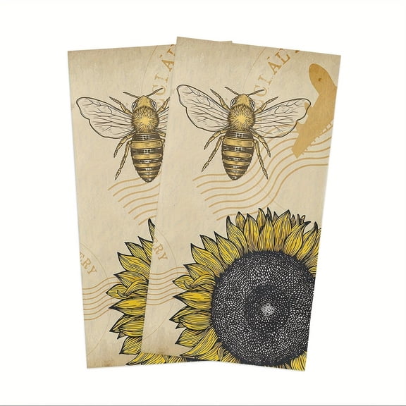 Vintage Sunflower Bee Kitchen Towel Set of 2, 16 x 24 inches, Absorbent Quick-Drying Microfiber