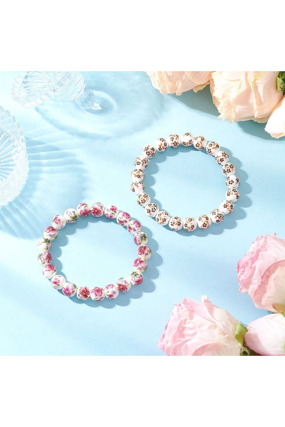 2pcs Handmade Flower Printed Porcelain Ceramic Beaded Stretch Bracelets Round Mixed color Inner Diameter: 2-3/8 inch(6.1cm)