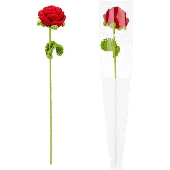 2pcs Handmade Knitted Rose Flower with Package Bag Artificial Knitted Flowers Crochet Rose Handmade Single Red Roses for Wife/Girlfriend/Lovers, Birthday, Anniversary, Festival Gift