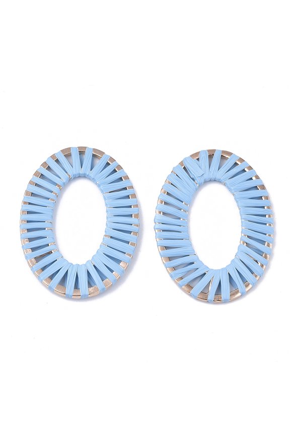 2pcs Handmade Raffia Woven Linging Rings with Alloy Findings Oval Ring Light golden Deep Sky Blue 48x34x2mm Inner Diameter: 28.5x15.5mm