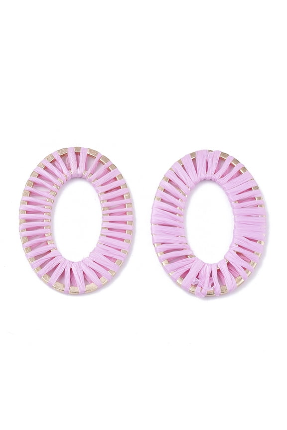 2pcs Handmade Raffia Woven Linging Rings with Alloy Findings Oval Ring Light golden Pearl Pink 48x34x2mm Inner Diameter: 28.5x15.5mm