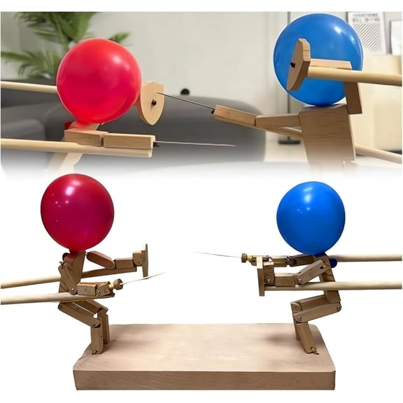2pcs Handmade Wooden Fencing Puppets - 2026 New Pop the Balloon Game, Boom of Balloons Game, Punching Whack a Pack Balloon Man Battle Bots Arena Adult Party Games for Groups (with 50pcs balloons)
