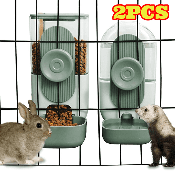 2pcs Hanging Automatic Food Water Dispenser, Gravity Pet Feeder and Waterer Set, Green Cage Food Bowl for Puppy Cat Rabbit Chinchilla Hedgehog
