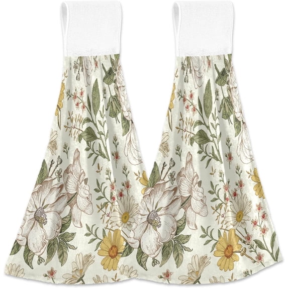2pcs Hanging Kitchen Towels Vintage Flowers Chamomile Hand Bath Towels Dish Towels Soft Coral Velvet Tie Towel with Loop for Bathroom Washcloth Farmhouse, 18x14 Inch Washcloth Gift